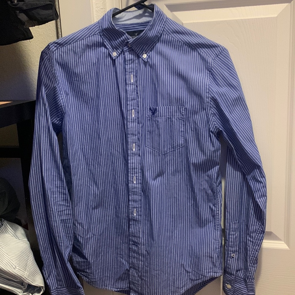 Mens Blue Striped dress shirt button down American Eagle